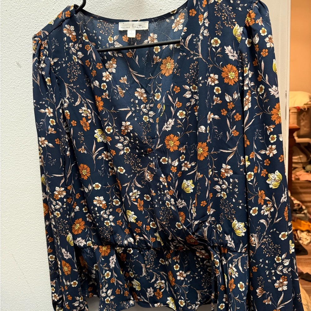 Nine Britton Navy Floral Blouse with Orange and White Details